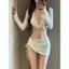 Bikini Nữ 3 Mảnh Màu Trắng Phối Charm Lấp Lánh Kèm Áo Khoác Lưới Và Váy Rút Dây Quyến Rũ Đi Biển Hồ Bơi Sang Chảnh