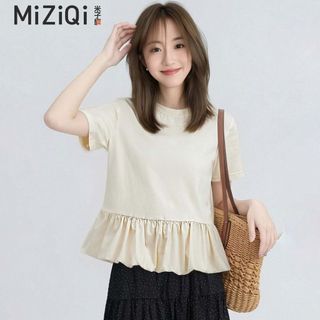 【Nên mua】áo kiểu nữ tay ngắn dáng bèo xòe màu kem, dáng rộng chất cotton mềm, áo thun nữ