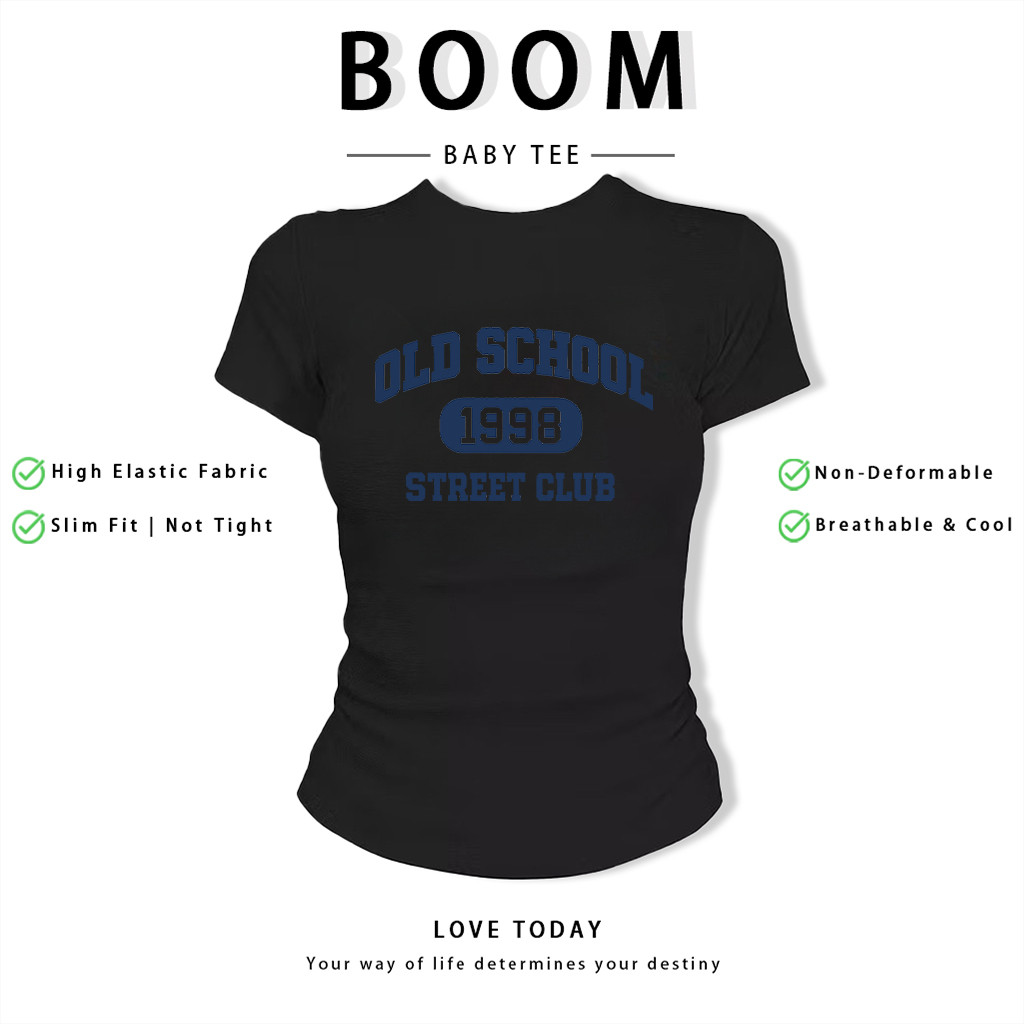 BOOM Áo Baby Tee Nữ Cotton Ôm Body-Áo Thun Ngắn Tay Y2K In Hình PhongCách Mùa Hè, Cổ Tròn Hàng Đầucách hàn quốc phongA48