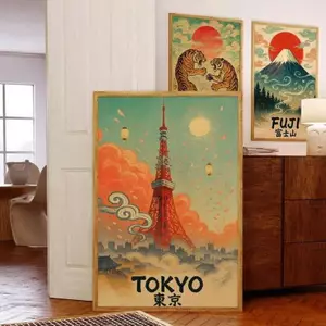 Poster du lịch phong cảnh Nhật Bản cổ điển, Nghệ thuật treo tường hoài cổ cổ điển, Tháp Tokyo Osaka Yokohama Nagoya Phong cảnh, In vải chống thấm nước không khung, Trang trí nội thất cho phòng khách Phòng ngủ