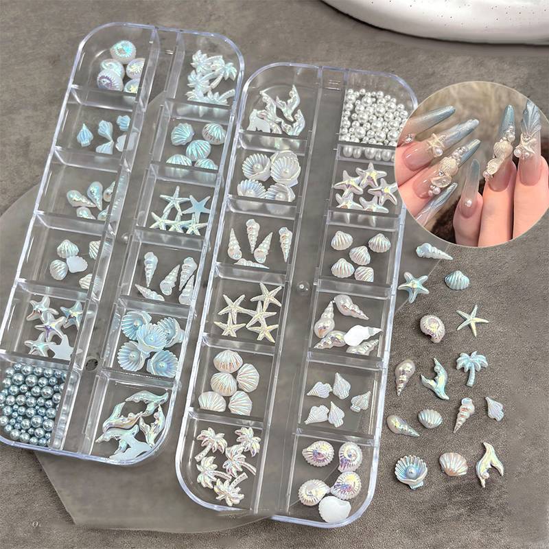 JRP 12 Lưới / Hộp Màu Xanh Trắng Móng Tay Charm Shell Ngọc Trai Sao Biển Nàng Tiên Cá Đuôi 3d Móng Tay Nghệ Thuật Phụ Kiện Cho Một Giấc Mơ Và Đại Dương Làm Móng Tay Nhìn JRP