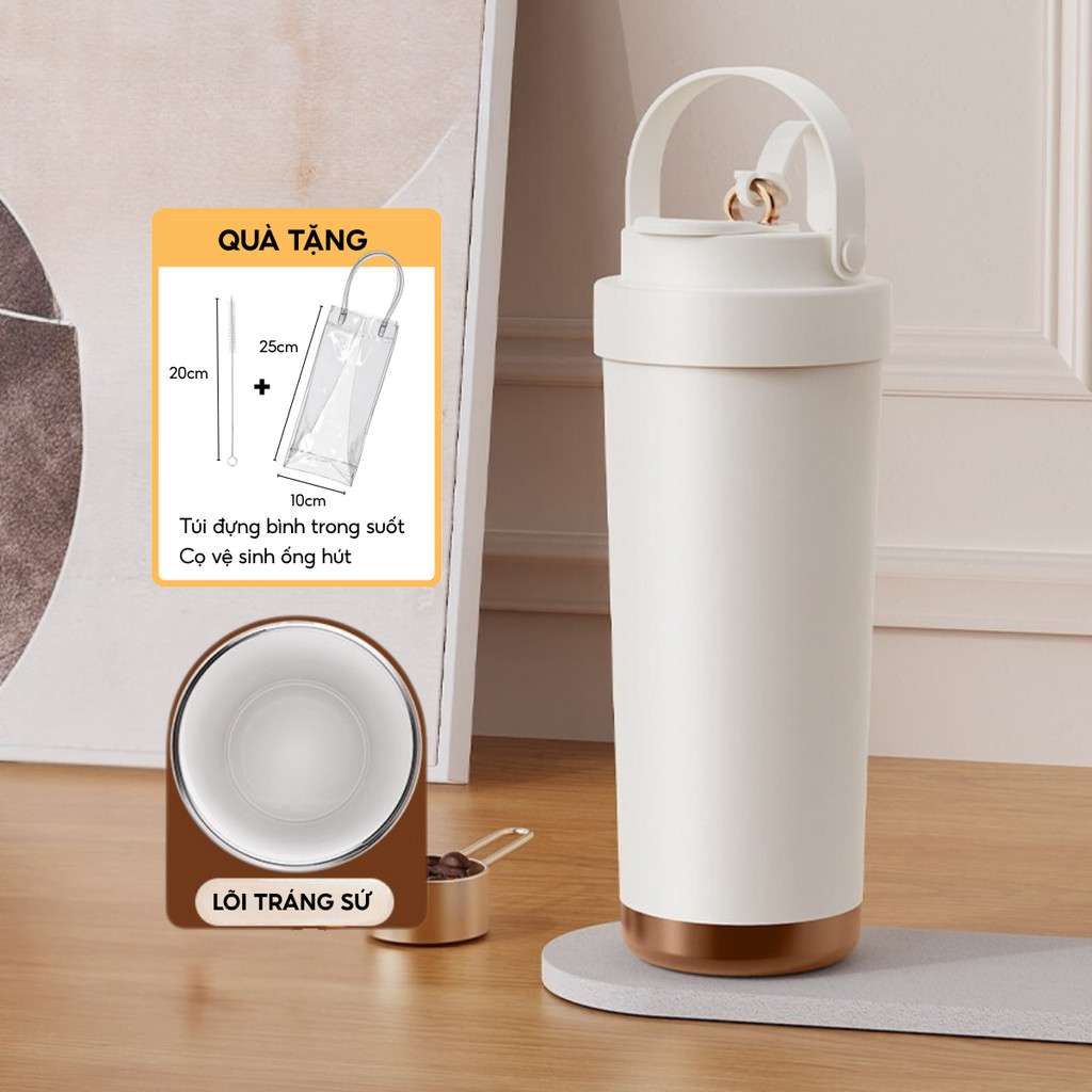 Ly giữ nhiệt Elegant White Cream 500ml/750ml, inox 304, lõi tráng sứ cao cấp, khắc tên theo yêu cầu