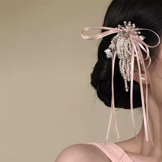 1 Chiếc Mới Phong Cách Trung Hoa Siêu Cổ Tích Nhẹ Nhàng Nữ Phong Cách Hồng Nơ Tóc Ngọc Trai Tua Rua Bên Kẹp