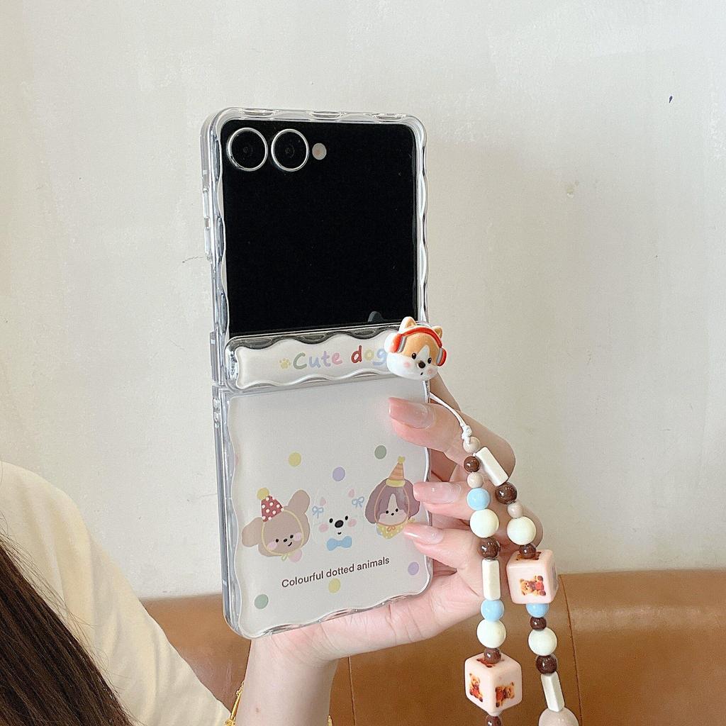 Tương thích với Samsung Galaxy ZFlip7 ZFlip6 Vỏ điện thoại hình gấu chấm bi bao gồm dây buộc và vỏ cứng gấp bảo vệ cho ZFlip 7 6 5 4 3 5G N3 Flip Mix Flip Flip