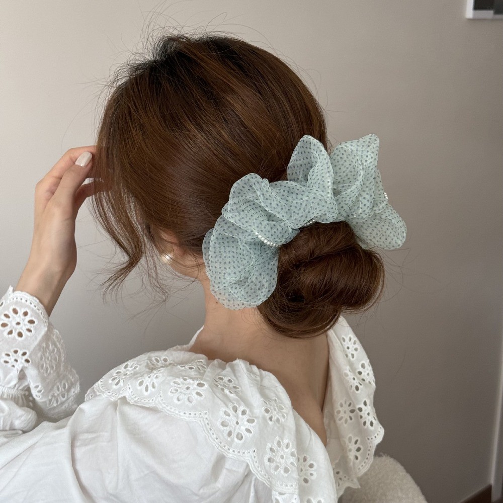 Hululu / Phong Cách Hàn Quốc Phong Cách Mới Ngọt Ngào Chấm Bi Lưới Ngọc Trai Scrunchy Tóc Dễ Thương Sang Trọng Dây Buộc Tóc Bóng Tóc Mũ Đội Đầu