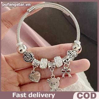 Pufangstar Cổ Đính Hạt Charm Vòng Tay Gấu Mặt Dây Chuyền Trái Tim Tình Yêu Có Thể Điều Chỉnh Vòng Tay Lắc Tay Nữ DIY Trang Sức Quà Tặng VN