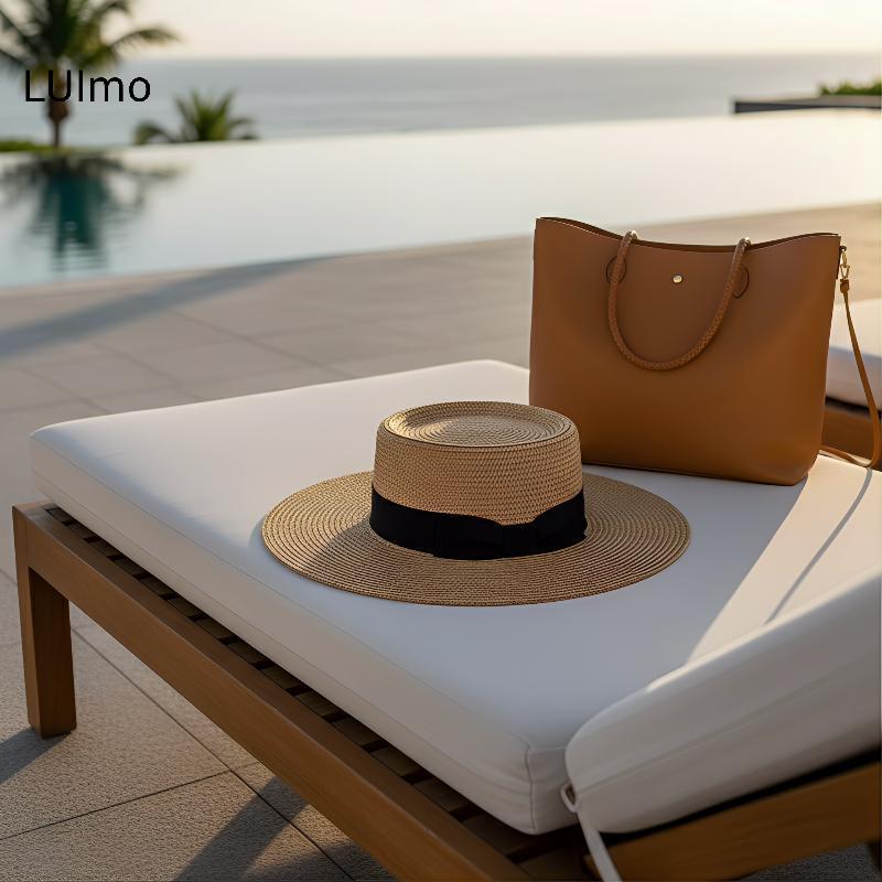 LUImo Nữ Pháp Flat Top Mũ Rơm Vành Rộng Mùa Hè Mũ Chống Nắng Du Lịch Đi Biển Phong Cách Thời Trang SBS