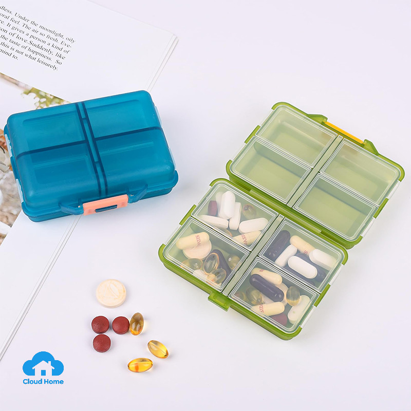 🌤️COD🌤️Hộp đựng thuốc hai mặt 8 ngăn di động, chống thấm nước, có nhiều ngăn riêng biệt.