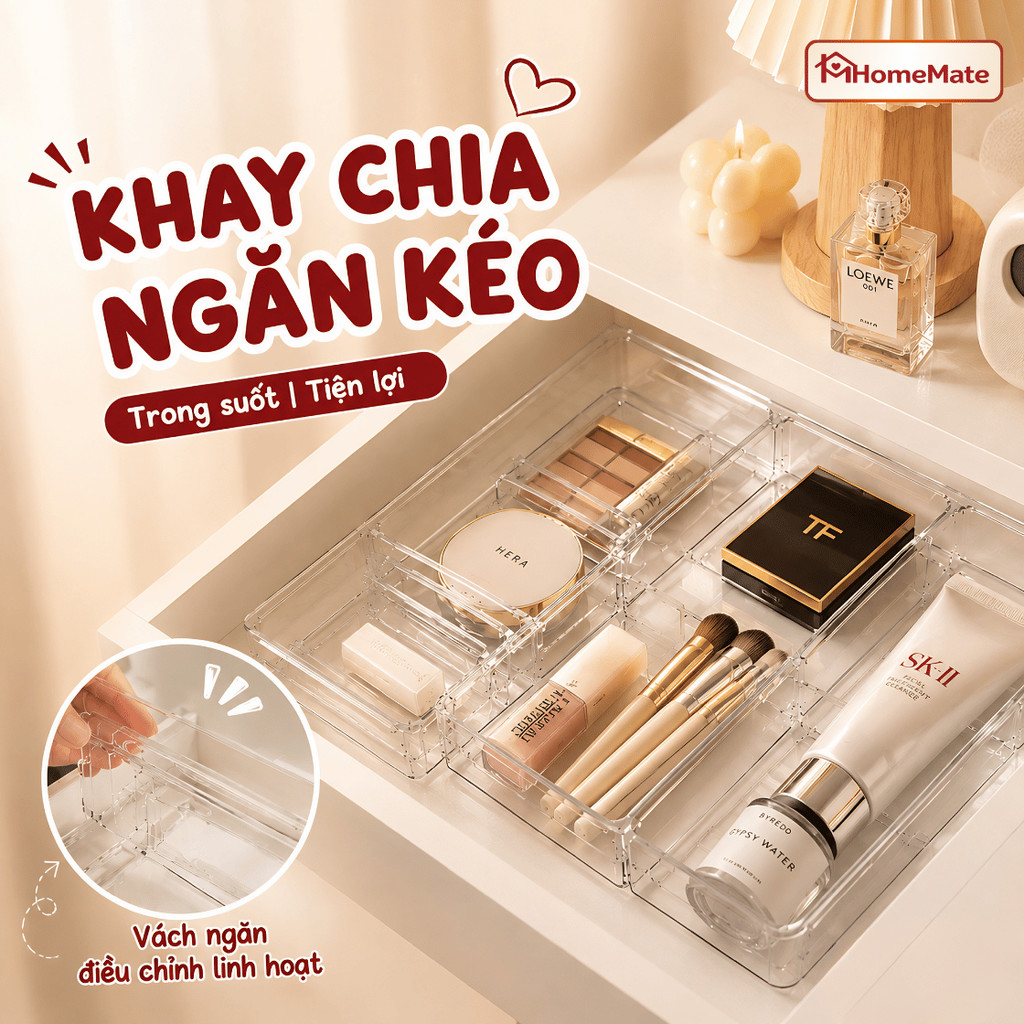 Khay Chia Ngăn Kéo Trong Suốt HomeMate – Khay Đựng Đồ Đa Năng Có Vách Ngăn Điều Chỉnh Tiện Lợi