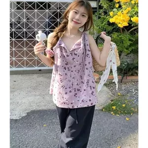 Áo yếm in hoa cổ điển Hàn Quốc dành cho nữ mùa hè nhỏ ngọt ngào dáng rộng mỏng hơn Áo sơ mi trẻ em không tay