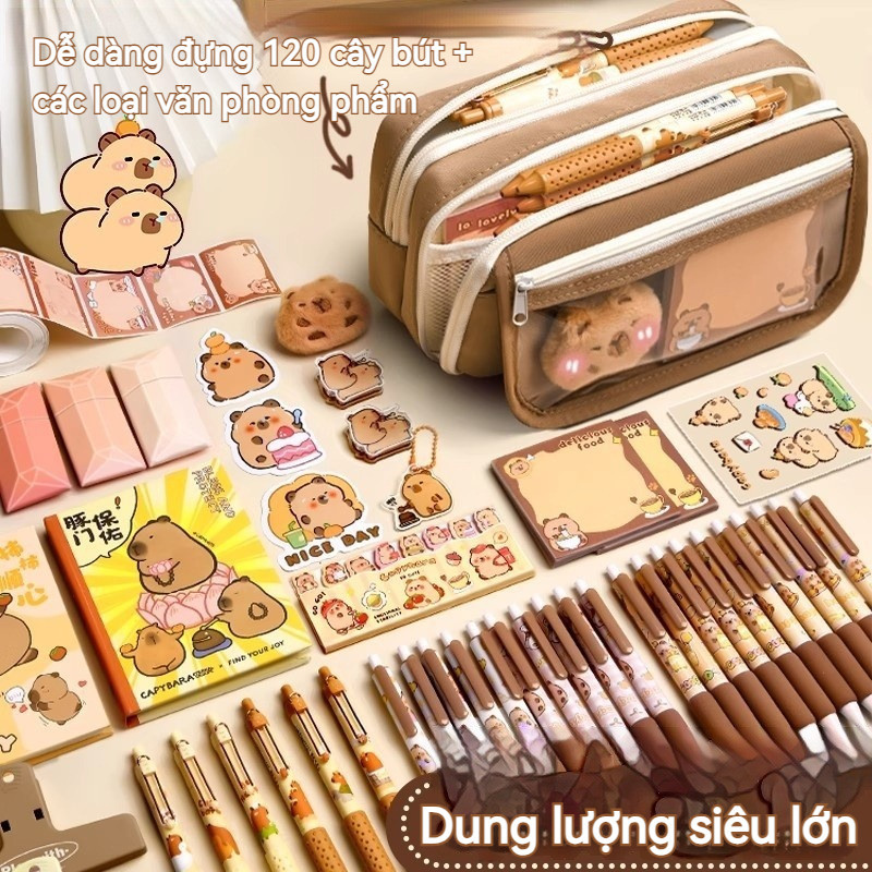 Túi Đựng Bút Học Sinh Dễ Thương, Nhiều Ngăn Giúp Đựng Bút Thước Ngăn Nắp,Họa tiết capybara,Vải bạt chống thấm nước