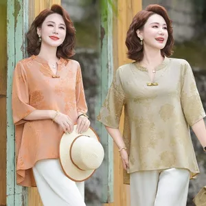 Áo thun nữ tay ngắn Jacquard, phong cách thời trang Trung Quốc, phù hợp mặc mùa hè