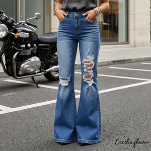 Quần jean nữ cao cấp có túi và cut-out đầu gối, style denim trendy