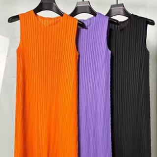 Miyake Viền Đầm Cao Cấp Tính Khí Rời Ôm Hơn Nhìn Cổ Tròn Không Tay Áo Vest Đầm Thường Ngày Phù Hợp Với