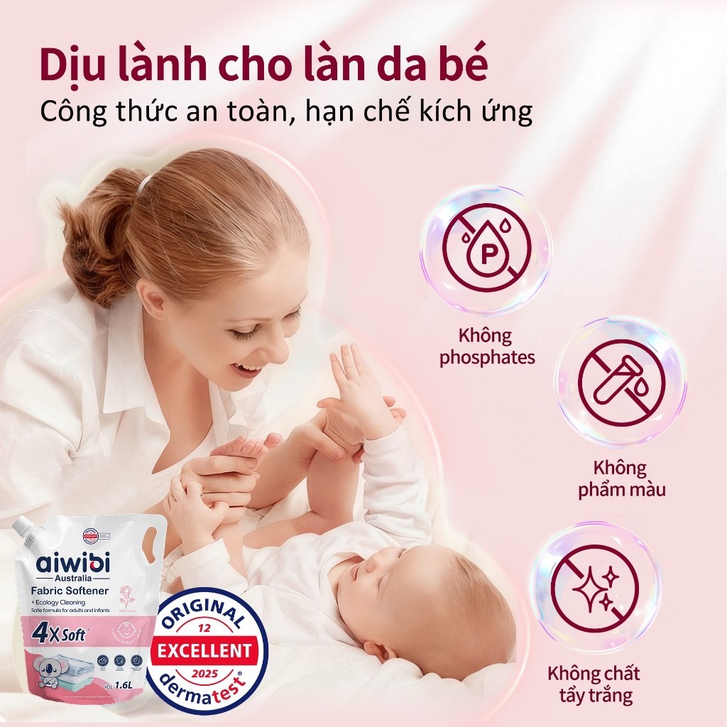 [QUÀ TẶNG] Nước Xả Vải Aiwibi Cho Quần Áo Mềm Mại, Dịu Nhẹ, Hương Hoa Hồng và Không Hương Liệu(1600ml)