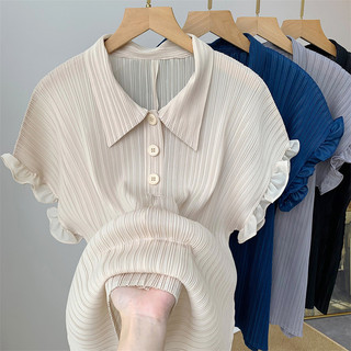 Miyake POLO Cổ Áo Sơ Mi Nữ Thiết Kế Mùa Hè Niche Loose Tính Khí Giảm Tuổi Phong Cách Phương Tây Tay Ngắn Xếp Ly