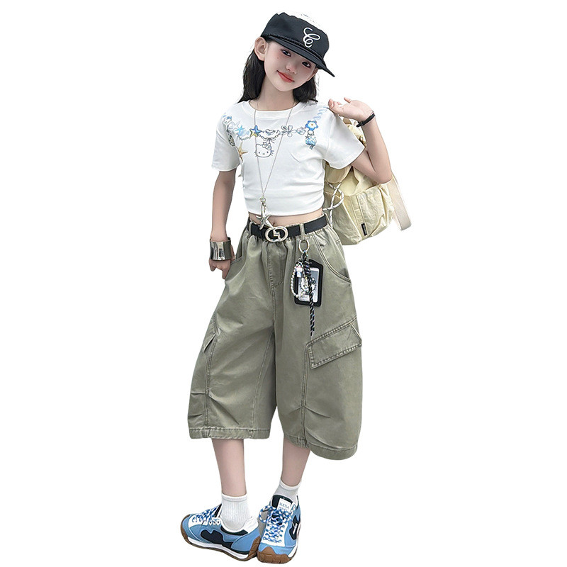 Quần yếm Cotton bé gái Mùa hè Phong cách mới Trẻ em Phiên bản Hàn Quốc Quần crop thời trang bỏ túi lớn