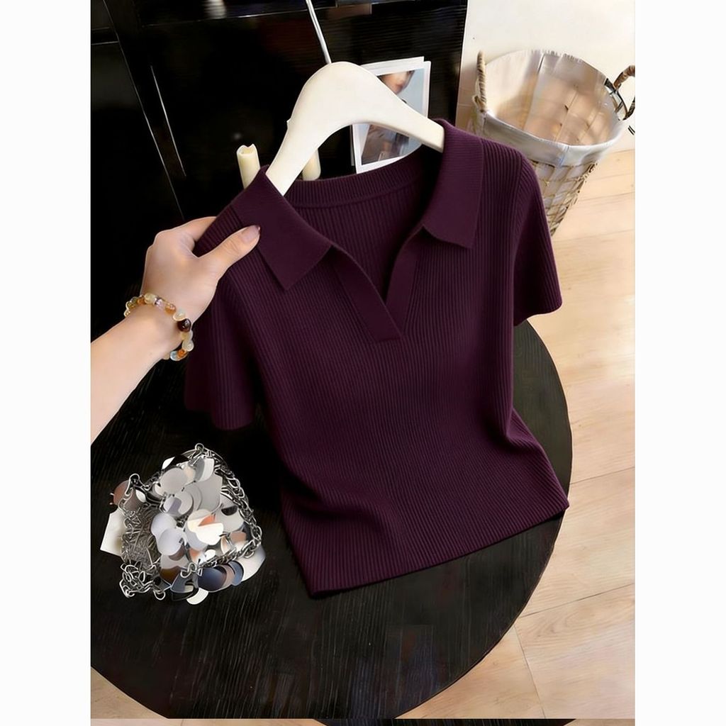 Áo len ngắn tay cổ Polo thanh lịch kiểu Pháp | Phụ Nữ Mùa Hè Mát Lụa Mỏng Slim-Fit Mỏng Hơn Nhìn Tính Khí Top, Rượu Vang Đỏ Cao Cấp Đi Lại Phù Hợp Với G
