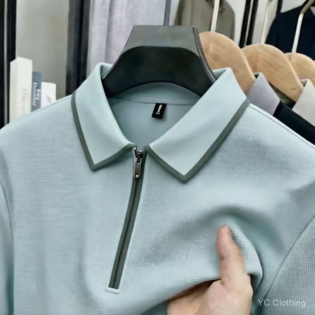 Vải dệt kim bánh quế mới dành cho nam ngắn tay màu trơn cổ rẽ xuống thời trang áo thun nửa tay nam áo polo nửa-zip CGOI