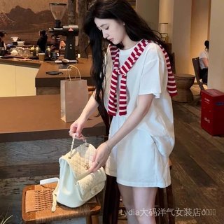 [Giảm giá trong thời gian có hạn] Quần áo nữ chất lượng cao thời trang cỡ lớn Bộ đồ thể thao thông thường đơn giản Hàn Quốc dành cho nữ Thời trang mùa hè Quần Short ngắn tay màu trắng dáng rộng hai mảnh