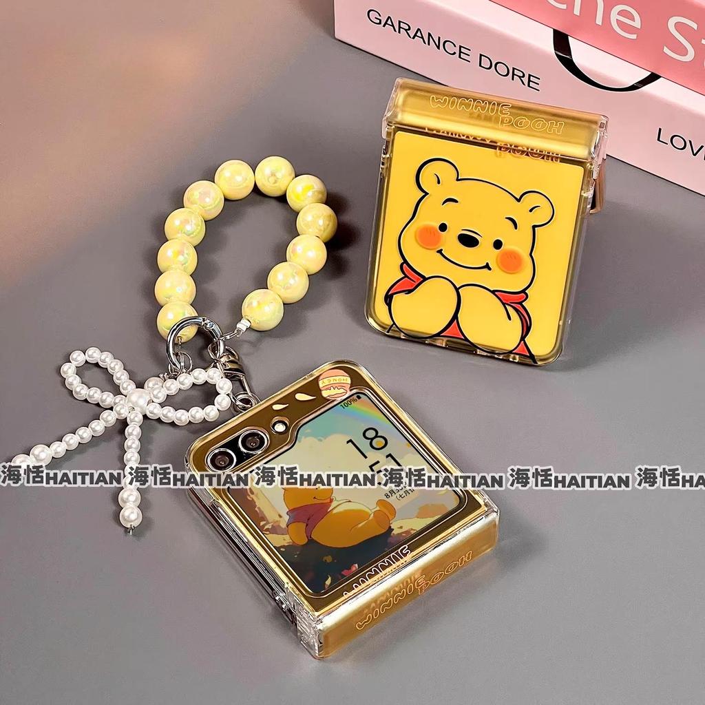 Tương thích với Samsung Galaxy ZFlip7 ZFlip6 Vỏ điện thoại Winnie the Pooh hoạt hình dễ thương Vỏ cứng có thể gập lại có dây buộc ZFlip 7 6 5 4 3 5G N3 Flip Mix Flip 2 Razr 60 Vỏ bảo vệ