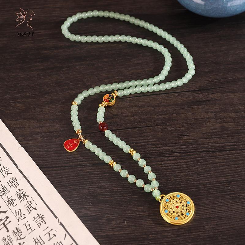HNKMP Ngọc Trai Phong Cách Trung Quốc Nelace Hanfu Phụ Kiện Hợp Kim Kẽm Rỗng Khắc Mặt Dây Chuyền Dây Xích Dài Nelace.