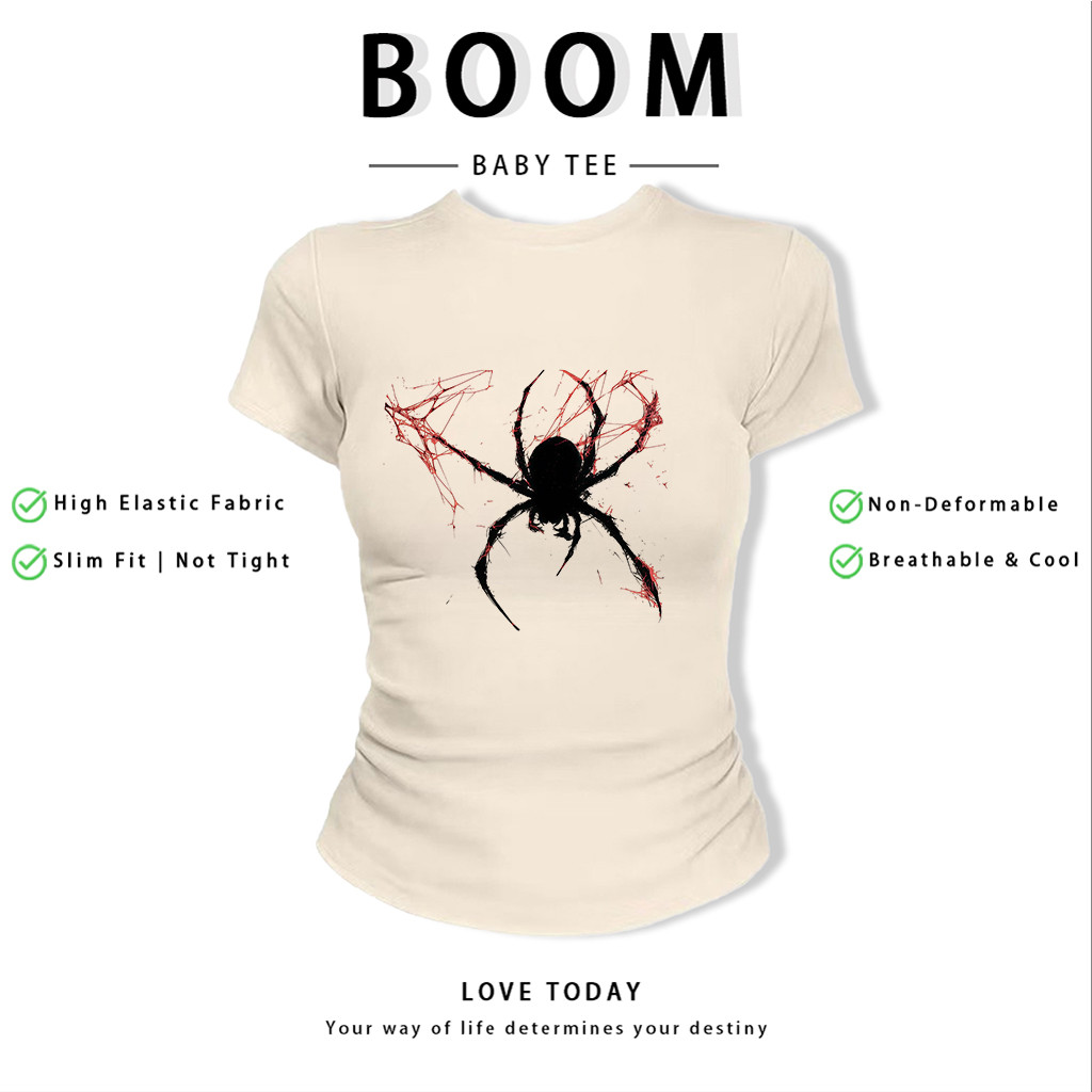 BOOM Áo Baby Tee Nữ Cotton Ôm Body-Áo Thun Ngắn Tay Y2K In Hình PhongCách Mùa Hè, Cổ Tròn Hàng Đầucách hàn quốc phongV97