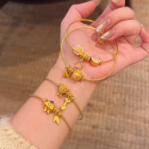 Vàng Thật 24K Mạ Điện Mạnh Giữ Màu Mới Phong Cách Trung Quốc Nhỏ Aoyama Men Màu Vàng Backer Chuyển Hạt Thiết Kế Vòng Tay