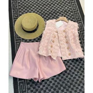HB - Set Áo Gilet Dạ Tweed Phối Cúc Đồng Mix Quần Short Tây Lưng Cao S155