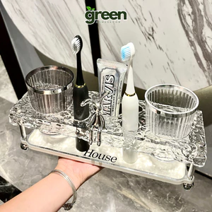 Kệ Đựng Bàn Chải Đánh Răng Acrylic Kèm 2 Cốc, Giá Để Kem Đánh Răng Nhà Tắm Decor Gọn Gàng