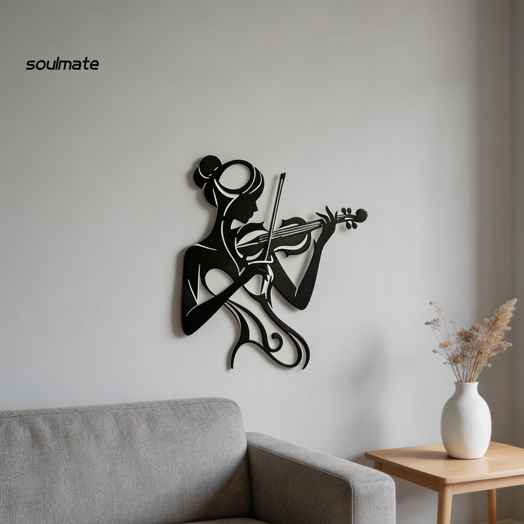 Linh hồn| Nghệ Thuật Treo Tường Nhỏ 30x26cm Âm Nhạc Nghệ Thuật Treo Tường Kim Loại Đen Điêu Khắc 2d Flat Người Phụ Nữ Chơi Violin Silhouette Nữ Tính Âm Nhạc Trang Trí Phòng Studio Quà Tặng Tân Gia Nghệ Thuật Hiện Đại