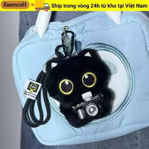 Mặt dây chuyền túi búp bê ESSENCEH, Túi đeo vai máy ảnh Mèo đen Móc khóa búp bê sang trọng, Khăn quàng cổ dễ thương Vòng chìa khóa xe Quà tặng
