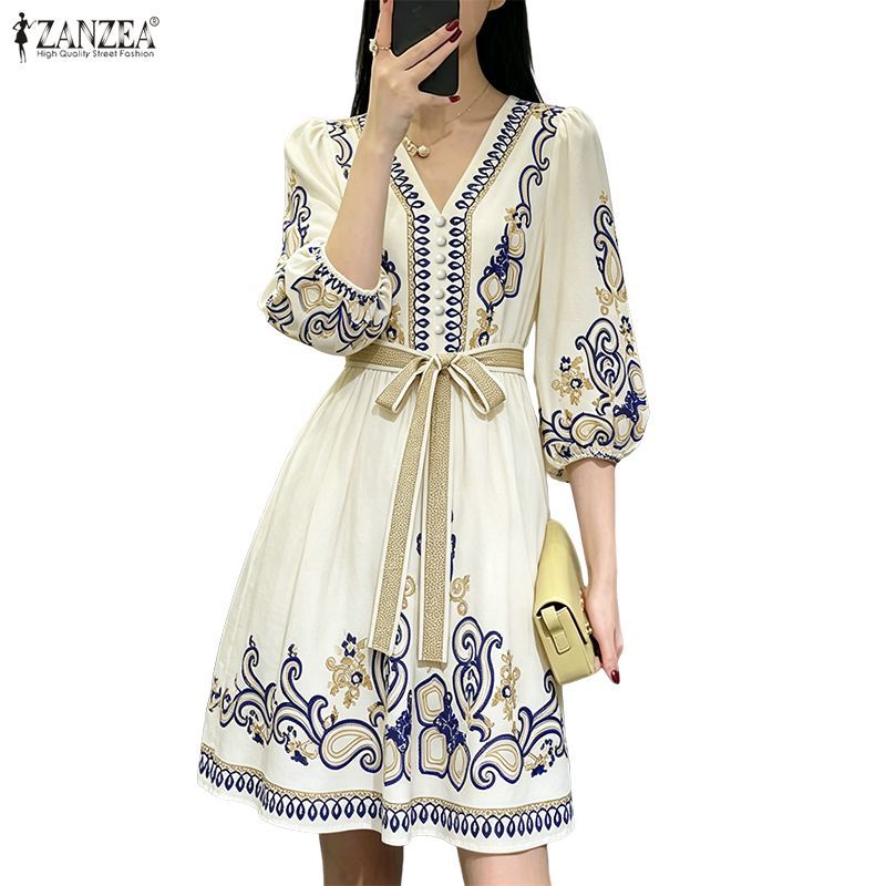 Đầm in hình dân tộc cổ tròn 3 / 4 tay ZANZEA dành cho nữ Hàn Quốc