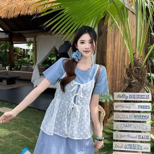 Size lớn Phiên bản Hàn Quốc Vai trước Chấm bi Sling Cardigan Slimer Look Áo thun ngắn