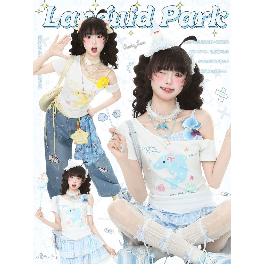 Áo Thun babytee Bướm lệch vai giả hai mảnh mùa hè in hình dễ thương