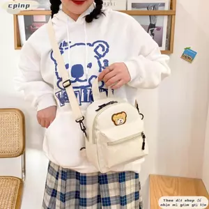 Ba lô Mini CPINCP, Ba lô nữ thêu gấu hoạt hình có thể điều chỉnh, Ba lô đeo chéo có dây kéo bằng vải di động dành cho nữ
