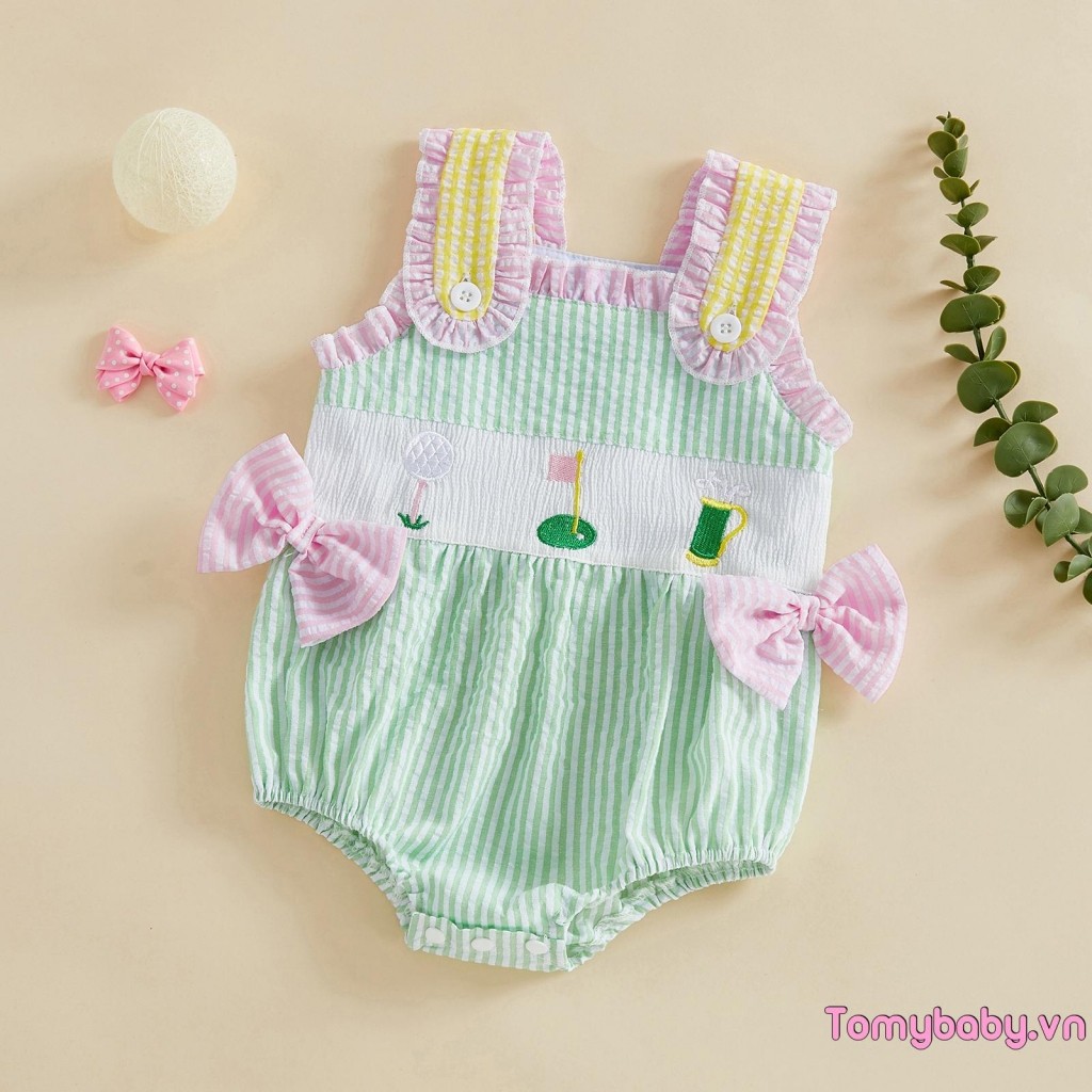 [lpDL] Bộ áo liền quần mùa hè dành cho bé gái Bộ áo liền quần thêu gôn không tay cổ điển