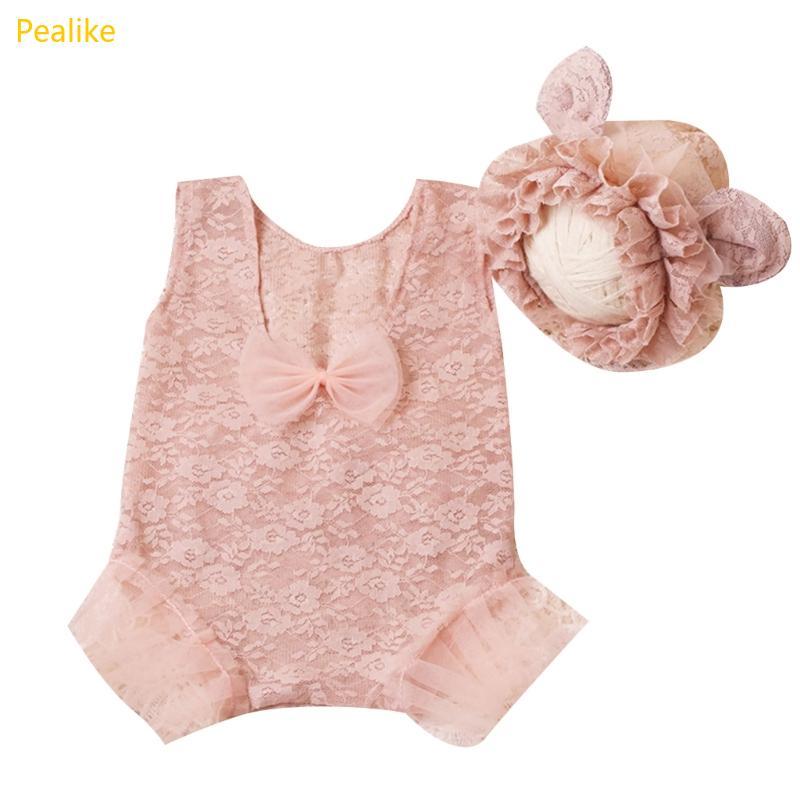 Pealike Áo liền quần sơ sinh ren, mũ chụp ảnh, thân thiện với da, 1 mảnh
