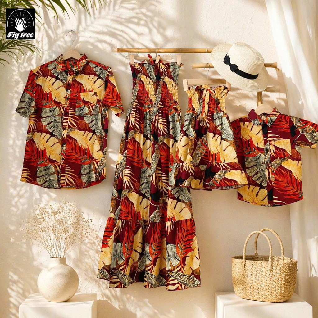 Cận Cảnh Mẫu Gia Đình Đi Biển, Du Lịch Fig Tree, Họa Tiết Lá Đỏ Rực Rỡ, Trendy, kèm Feedback MS 180