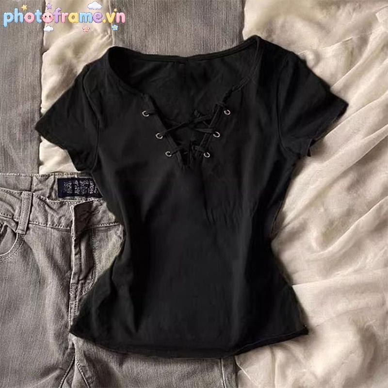 Áo Thun Nữ Phong Cách Y2K Ren-Up, Tay Ngắn Slim, Xu Hướng Thời Trang Mới