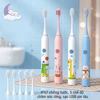 Bàn chải đánh răng điện trẻ em Sonic 5 chế độ Lông mềm USB chống nước có thể sạc lại 5 đầu