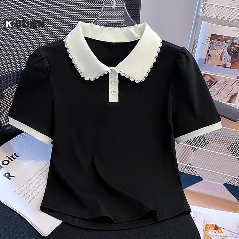 Kiểu Áo Thun Nữ Hàn Quốc với Ren Viền Màu Sắc Tương Phản, Thiết kế Đa Năng Hot Trend