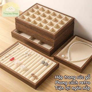 Quả óc chó Gỗ Trang Sức Khay Nhung Lót Vòng Bông Tai Vòng Cổ Bảo Quản Tổ Chức Ngăn Kéo Hộp Retro
