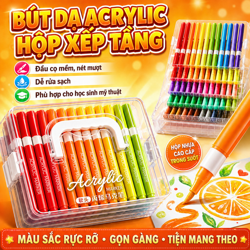 Bút Acrylic Marker 24-72 Màu – Đầu Mềm, Mực Đậm, Vẽ Trên Mọi Chất Liệu, Dùng Cho Học Sinh, Mỹ Thuật, DIY