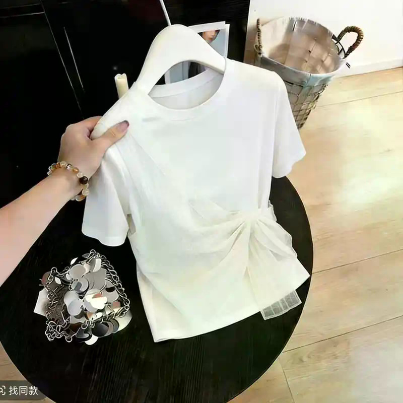 Áo thun nữ thiết kế gạc ngắn tay Phong cách mới không đều sang trọng Slim