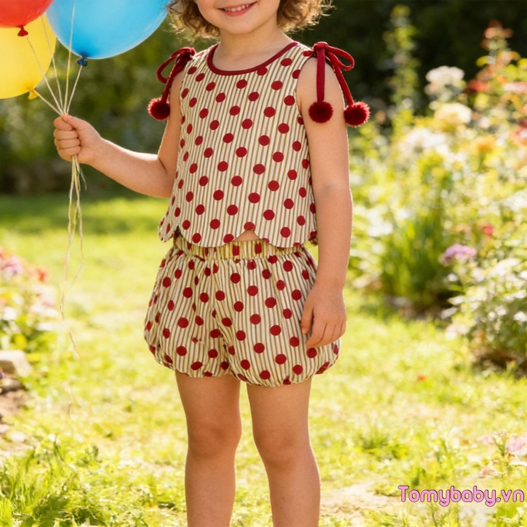 [lpDL] Bộ trang phục 2 món không tay cổ chữ O mùa hè cho bé gái + Bộ quần short đèn lồng