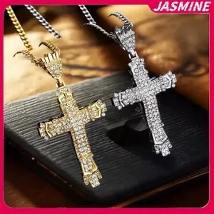 JASMINE Độc Đá Hip Hop Kẻ Sọc Kim Cương Giả Phóng Đại Retro Chữ Thập Mặt Dây Chuyền Nam Nelace Trang Sức Phụ Kiện JASMINE