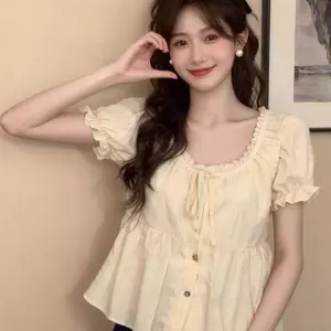 Thiết kế nhỏ Áo sơ mi ngắn tay ren ren có dây buộc cho nữ mùa hè Slim-Fit ngắn mỏng hơn trông áo sơ mi nhỏ