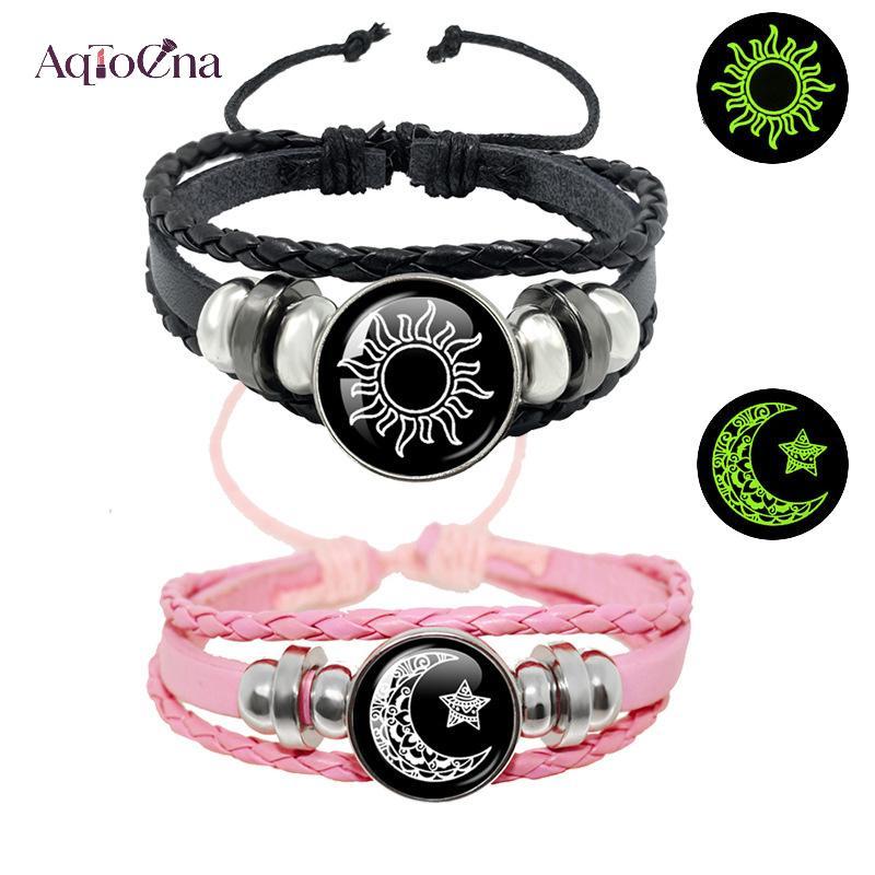 AqToCna Đơn Giản Dạ Quang Mặt Trời Mặt Trăng Da Handmade Dệt Cặp Đôi Vòng Tay Trang Sức Nam Nữ Dành Cho Người Yêu Lễ Hội Quà Tặng AqToCna