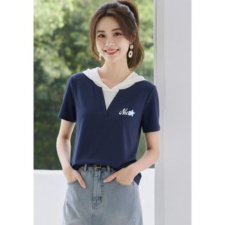 【MiZiQi】Áo thun có mũ trùm đầu cổ chữ V dành cho nữ, thiết kế áo thun ngắn tay hai mảnh giả